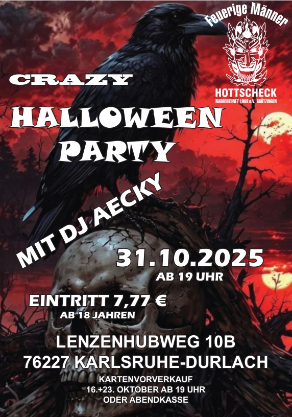 Einladung zur Halloween-Party der Feuerigen Männer 2025 mit Termin, Uhrzeit und Veranstaltungsort.