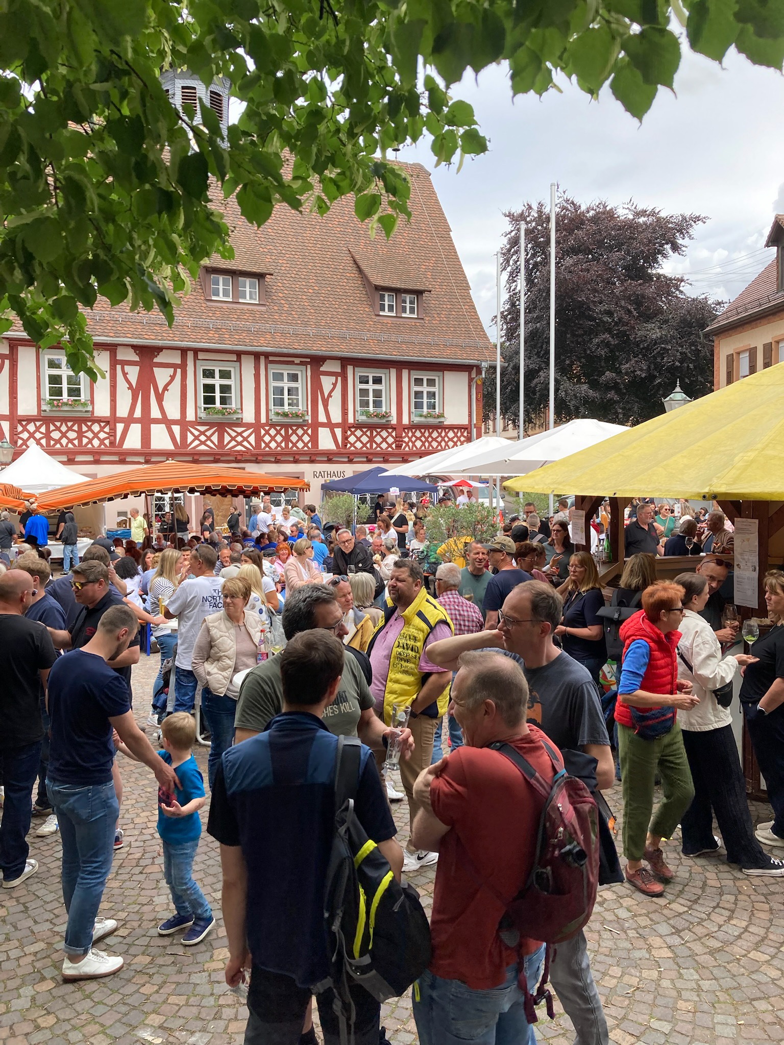 Überblick über den Rathausplatz mit Ständen, Gästen und festlicher Stimmung beim Weinmarkt in Grötzingen
