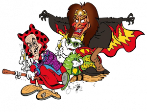 Comic-Illustration der Narrenfiguren der Hottscheck Narrenzunft Grötzingen mit Hexen, Feuerigen Männern und Noten-Chaoten